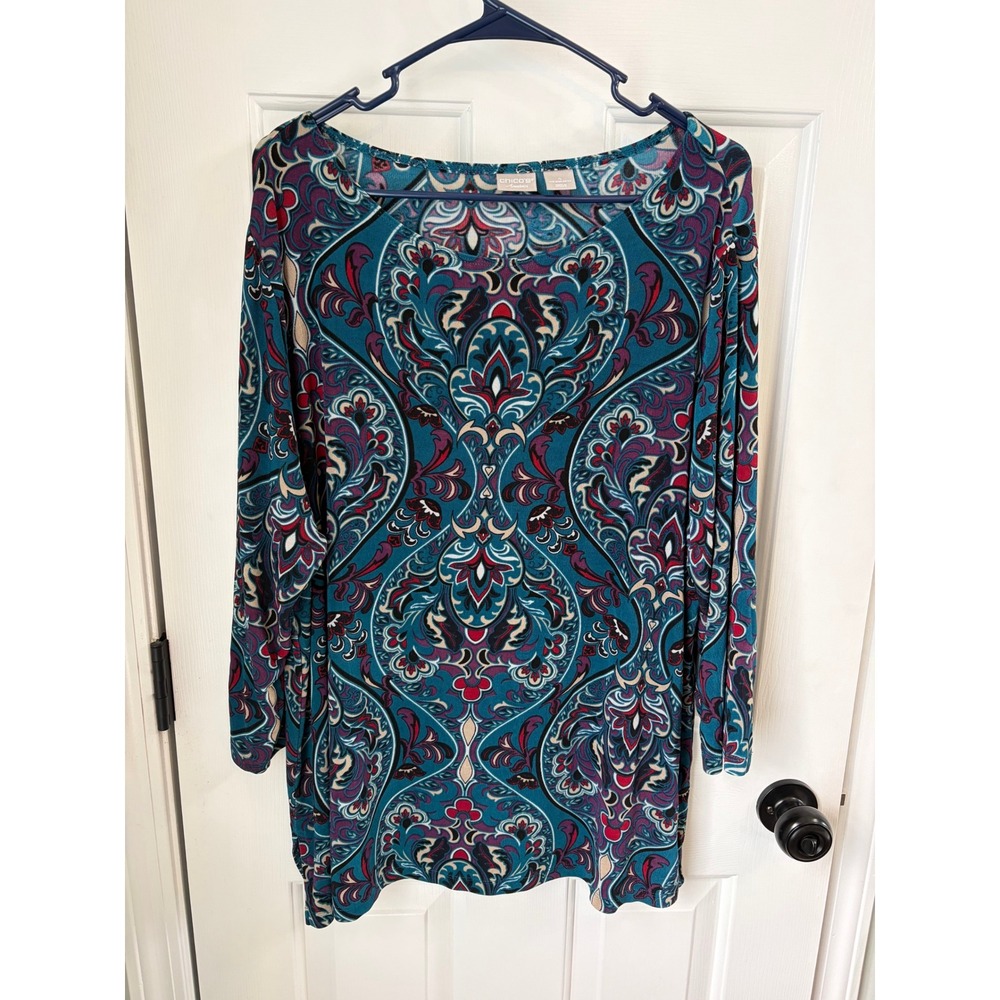 Chicos Travelers Teal Paisley Medallion Tunic Top 3/4 Sleeve Size 4 US 20/22